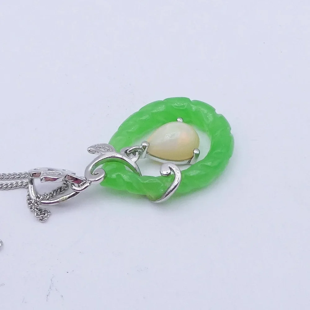 Djoy Sterling Silver Opal Carved Jade Platinum Plated Leaf Pendant Necklace 20in